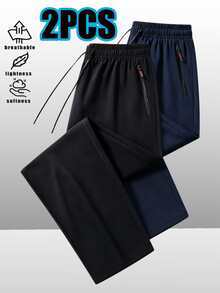 Men's Plus Size 2pcs/Pack Ice Silk Straight Leg Casual Pants, Lightweight Travel & Commute Long Trousers - Multicolor - View 2