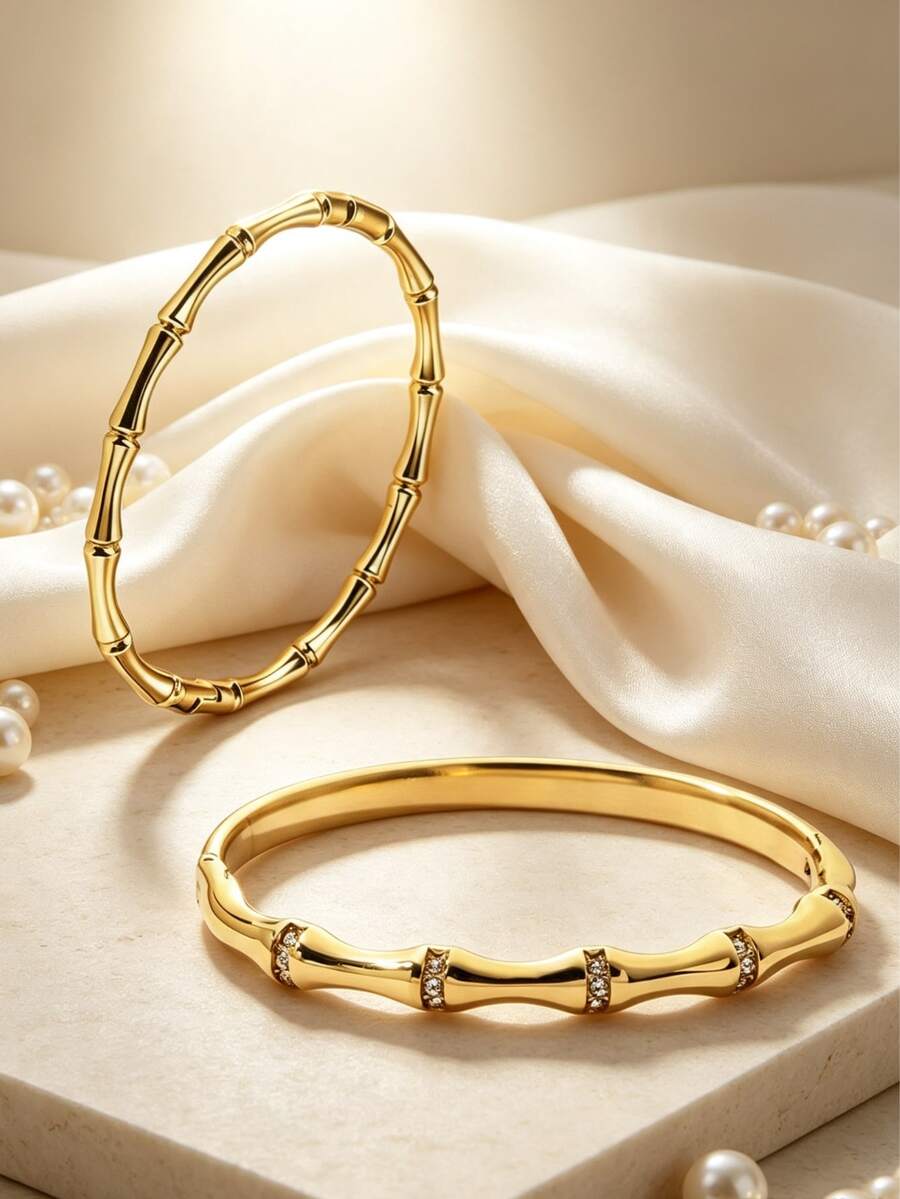 VceTd 1pc Minimalist Style Stainless Steel Women's Bracelet With Enamel Bamboo Knot Decoration, Suitable For Daily Wear - Yellow Gold - View 1