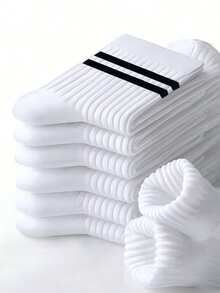24 Pairs/20 Pairs/18 Pairs/15 Pairs/10 Pairs/6 Pairs/4 Pairs/2 Pairs/1 Pair Black And White Striped Thick Mid-Calf Socks, Comfortable And Breathable Business Casual Socks. Shark Series Soft, Lightweight, Odor-Resistant Unisex Sports Socks, Warm For Autumn And Winter - Multicolor - View 1