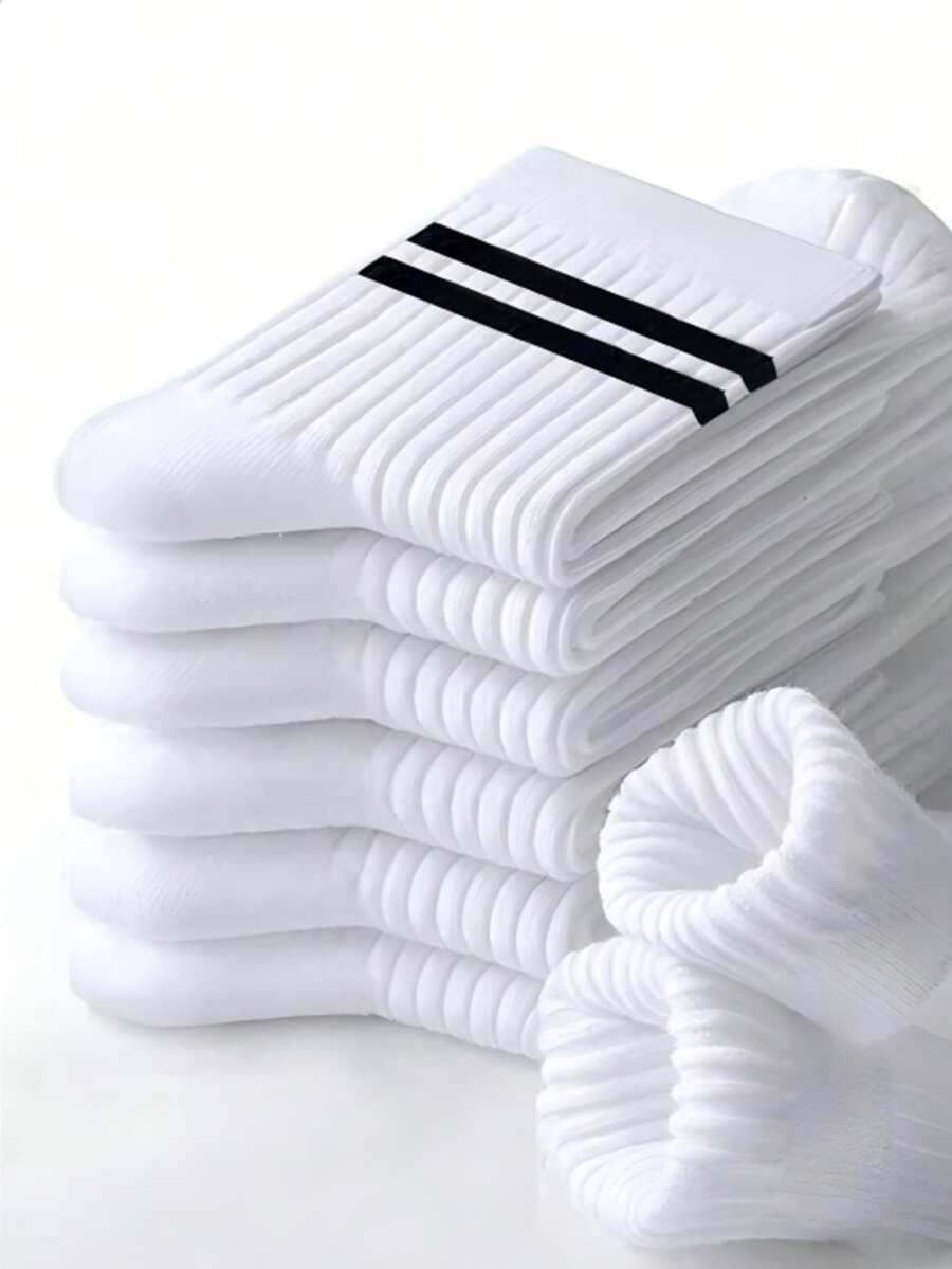 24 Pairs/20 Pairs/18 Pairs/15 Pairs/10 Pairs/6 Pairs/4 Pairs/2 Pairs/1 Pair Black And White Striped Thick Mid-Calf Socks, Comfortable And Breathable Business Casual Socks. Shark Series Soft, Lightweight, Odor-Resistant Unisex Sports Socks, Warm For Autumn And Winter - Multicolor - View 1