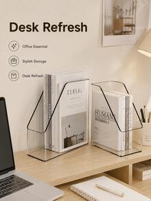 1pc/2pcs Transparent Desktop File Organizer, Acrylic Slant Book Stand, A4 Document Storage Holder, Multifunctional Desk Storage Rack, Hot Office Supplies, Stylish Desktop Decor, Book & Paper Storage Solution - Multiple Styles - View 2
