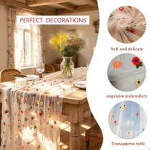 1/3/6Pcs 10Ft White Daisy Embroidered Sheer Tulle Lace Table Runner For Wedding, Romantic Coquette Cottagecore Bridal Shower Baby Shower Spring Easter Party Reception Dining Tablescape Decor - A - View 5