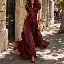 New V-Neck Waisted Ruffled Temperament Dress Long Sarong Dresses Dresses - 酒紅色 - 查看 1