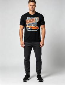 Classic 55 Text And Retro Orange Car Design - Black Background - Breathable T-Shirt - Regular Fit - Retro Car Shirt For Men And Women - Casual For - 黑色 - 查看 1
