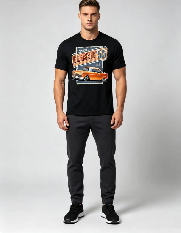 Classic 55 Text And Retro Orange Car Design - Black Background - Breathable T-Shirt - Regular Fit - Retro Car Shirt For Men And Women - Casual For - 黑色 - 查看 1