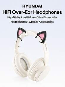 HYUNDAI HY-T02MAX頭戴式藍牙耳機搭配貓耳朵配件，5.4HIFI高清音質重低音通話精準降噪音樂運動遊戲低延遲長續航商務頭戴式耳機通用手機平板電腦 - 米色+貓耳朵 - 查看 12