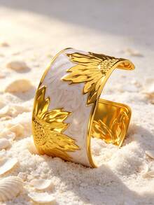 VceTd 1 Set Elegant Style Enamel Craft Floral Stainless Steel Women's Bracelet Suitable For Engagement/Dating - Yellow Gold - View 7