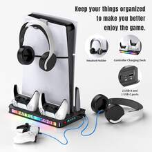 P5、P5 Slim 與 P5 Pro 專用冷卻充電站，3 段速風扇、雙控制器充電器、9 種 RGB 模式、耳機架 - 黑色 - 查看 7