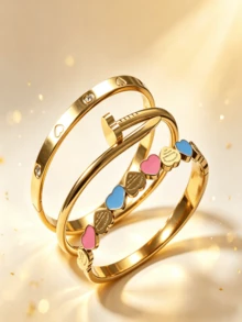 3pcs/Set 18K Gold Plated Stainless Steel Fashion Stackable Summer Women's Jewelry Colorful Heart-Shaped Bracelet Set, Waterproof And Fade-Resistant, Suitable For Daily Wear And Parties, Christmas Gift - Gold - View 5