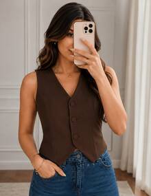 Kit 2 Colete Alfaiataria Feminino  Decote em V com Botões Forrados Casual e Elegante Tendencia Verão - Preto e Marrom - Visão 3