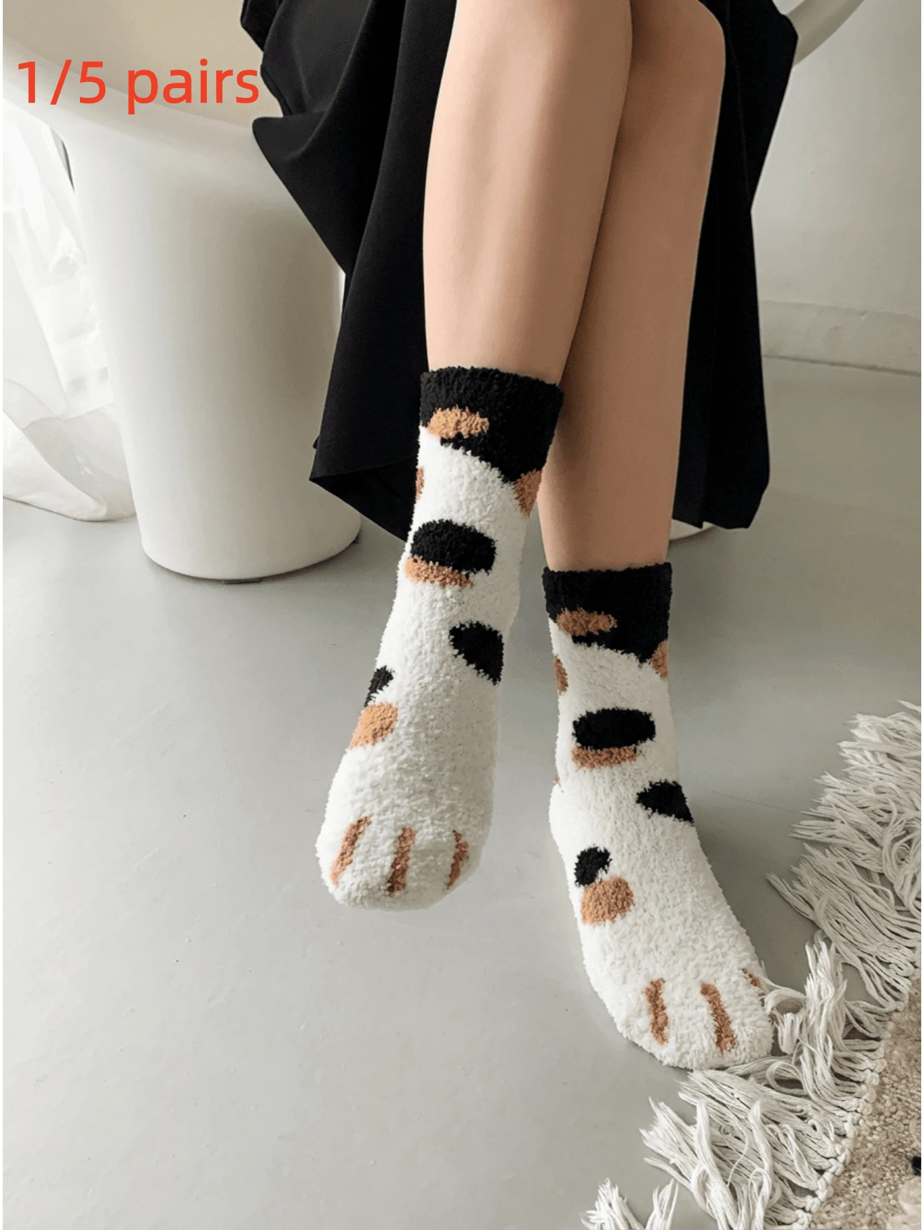 1/5 Pairs Of Women's Mid Length Socks, Cute Cat Paw Pattern, Funny Style, Furry Suitable For Home Wear - Multicolor - View 1