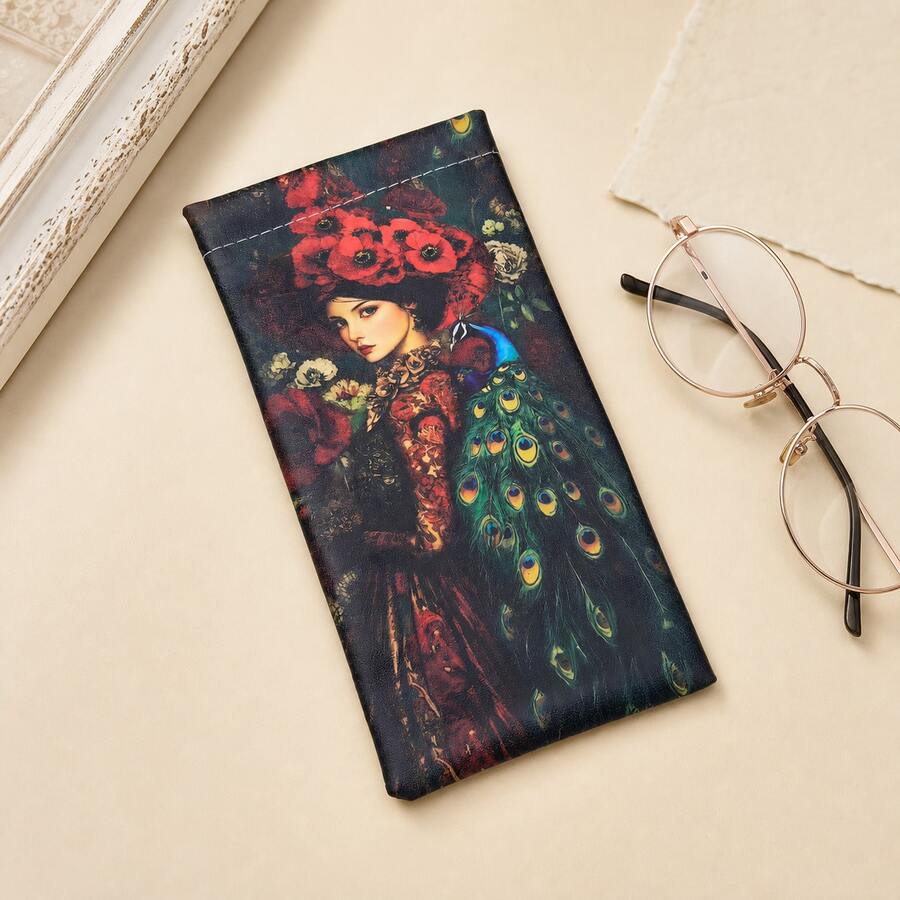 1PC Fashion Peacock & Girl Print Glasses Pouch, Lightweight & Portable, PU Leather, Elegant Fashion Glasses Storage Bag, Versatile For Daily & Travel Use, Holiday Gift For Friends - A - View 1
