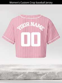 Kaos Baseball Crop Ungu Kustom dengan Nama dan Nomor Wanita, Panjang Pendek, Kancing Depan, Pakaian Olahraga, Seragam Tim, Atasan - Berwarna merah muda - View 4