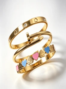 3pcs/Set 18K Gold Plated Stainless Steel Fashion Stackable Summer Women's Jewelry Colorful Heart-Shaped Bracelet Set, Waterproof And Fade-Resistant, Suitable For Daily Wear And Parties, Christmas Gift - Gold - View 3