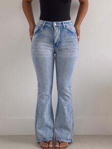 Women's Plus Size Vintage Flare Jeans With Zipper Detail, Medium Stretch, Long Length, Create A Fashionable Look - Blue - View 4
