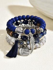 4pcs/Set Fashion Bohemian Wing Pendant, Printed "LOVE YOU" Elegant Women's Bracelet Set, Suitable For Daily Wear And Gift Giving - Royal Blue - View 5
