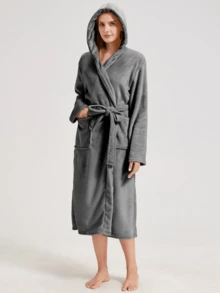 1pc Hooded Couple Bathrobe Long Warm Loose Fit Unisex Solid Color Minimalist Thickened Home Robe - Multicolor - View 9