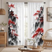 2件裝新中式水墨山水紅楓古建築窗簾，100%聚酯纖維半遮光布料，穿桿式窗簾，適用茶室、客廳、凸窗，傳統中式風格 - 彩色 - 查看 1