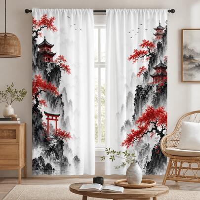 2pcs New Chinese Style Ink Wash Landscape Red Maple Ancient Architecture Curtains, Polyester Semi-Sheer Rod Pocket Curtains, National Style Tea Room Living Room Bay Window Fabric Curtains