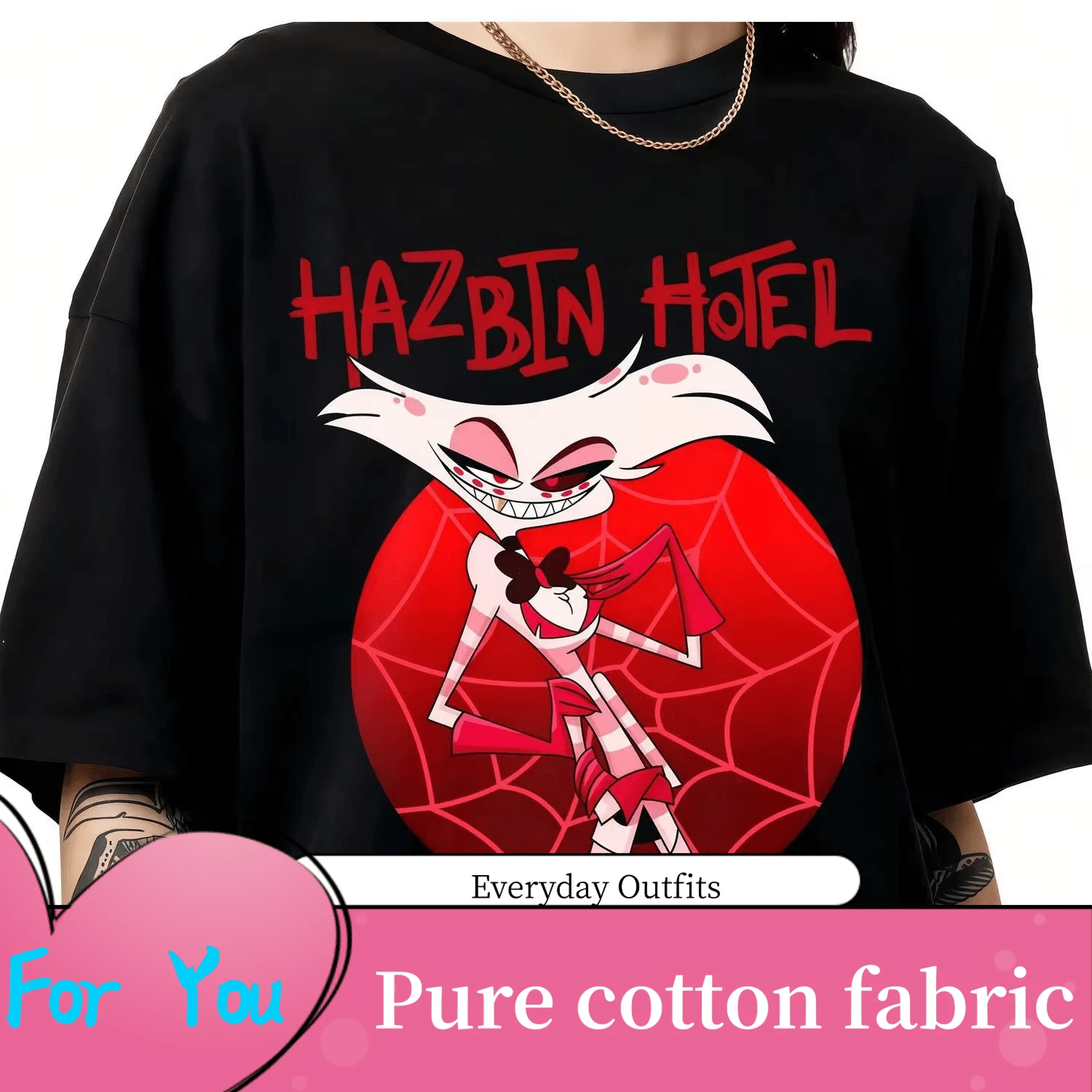 Alastor Chibi Character T-Shirt Cartoon Anime Cute Style Unisex Casual Tee. - 黑色 - 查看 1