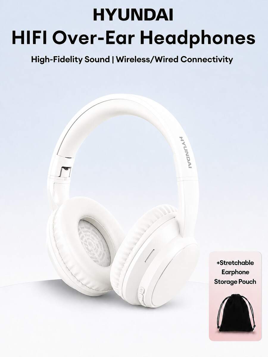 HYUNDAI HY-T02MAX頭戴式藍牙耳機附收納袋,5.4HIFI高清音質重低音通話精準降噪音樂運動遊戲低延遲長續航商務頭戴式耳機通用手機平板電腦 - 白色+收納袋 - 查看 1