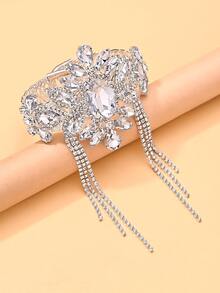 outingfit 1pc Women's Silver Rhinestone Flower Tassel Arm Cuff, Crystal Decorated Exaggerated Upper Arm Bracelet, Suitable For Wedding, Evening Party, Ball, Party And Dress Outfit - Silver - View 4
