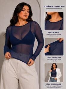 Blusa Feminina Tule Plus Size Blusinha Transparente Confortável e Elegante para Sair Noite Balada Eventos Shows e Festival Manga Longa Transparente em Tela - Azul Marinho - Visão 2