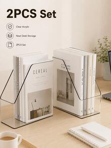 1pc/2pcs Transparent Desktop File Organizer, Acrylic Slant Book Stand, A4 Document Storage Holder, Multifunctional Desk Storage Rack, Hot Office Supplies, Stylish Desktop Decor, Book & Paper Storage Solution - Multiple Styles - View 5