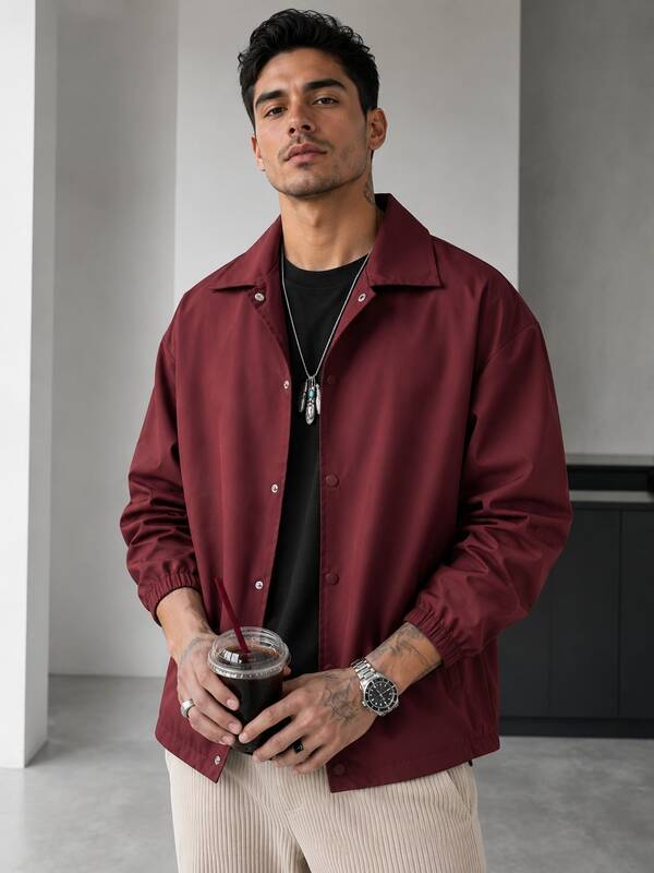 1pc Men's Red Lapel Snap Button Jacket, Elastic Cuffs, Solid Color Loose Drop Shoulder Outerwear, Woven Fabric Anti-Pilling, Casual Style, Daily Wear, Commute, Lightweight Comfortable Spring/Autumn Basic Versatile Casual Jacket