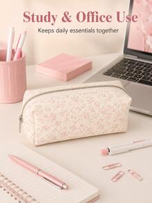 Pink Floral Pencil Case, Minimalist Large Capacity Student Stationery Bag, Office Stationery Bag, Makeup Tool Storage Bag, High Quality Large Capacity Pencil Case Storage Bag, Desktop Supplies, Back To School Essential Desktop Storage Box - Multicolor - View 8