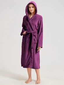 1pc Hooded Couple Bathrobe Long Warm Loose Fit Unisex Solid Color Minimalist Thickened Home Robe - Multicolor - View 10