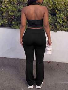 Deep V Neck Halter Top & High Waist Wide Leg Pants 2 Pieces Set Elegant Black - Black - View 3