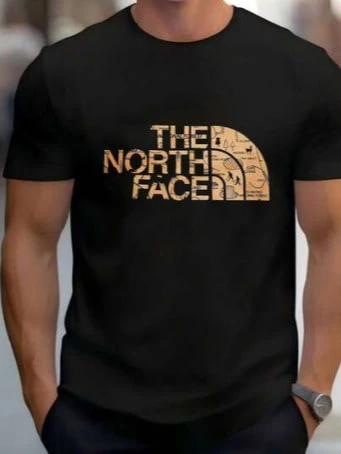 The N-Orth Face Vintage Map Pattern Logo Graphic Black T-Shirt Casual Outdoor Tee - 黑色 - 查看 1