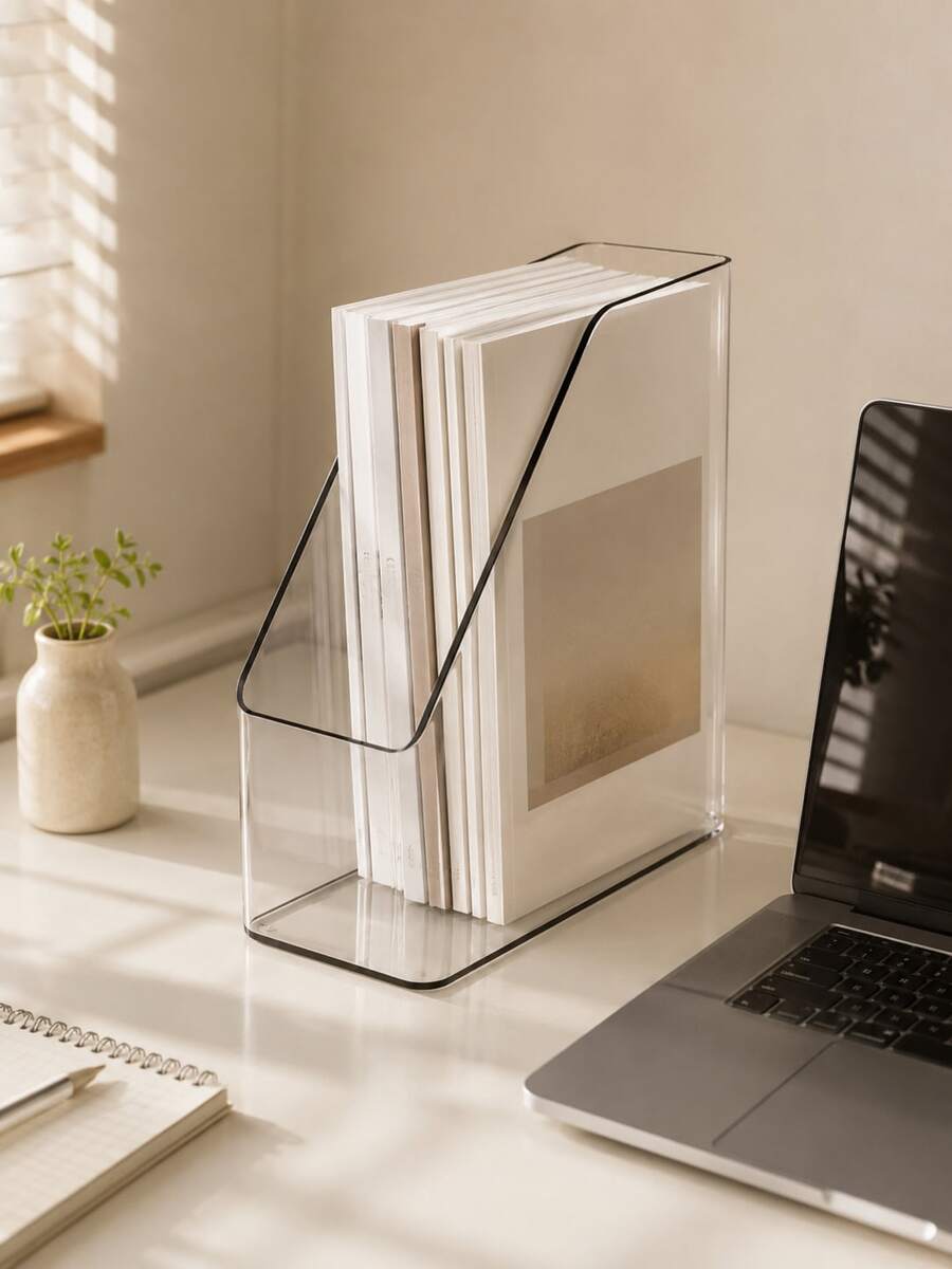 1pc/2pcs Transparent Desktop File Organizer, Acrylic Slant Book Stand, A4 Document Storage Holder, Multifunctional Desk Storage Rack, Hot Office Supplies, Stylish Desktop Decor, Book & Paper Storage Solution - Multiple Styles - View 1