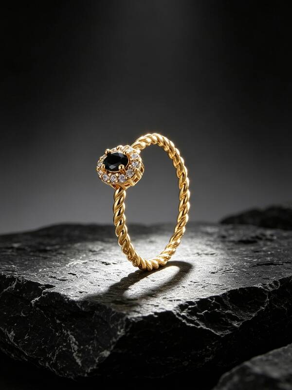 Anillo retorcido de mujer chapado en cobre y oro de 18K con circonita negra redonda, centro de circonita cúbica negra con halo de diamantes blancos, banda delgada de cuerda retorcida, joyería de lujo vintage, adecuado para uso diario, desplazamientos, citas, regalo del Día de San Valentín para la novia, color duradero, accesorio personalizado