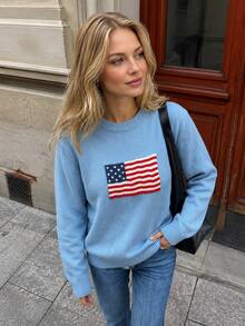 Sweater Wanita Terbaru untuk Hari Kemerdekaan, Leher Bulat, Warna Biru, Motif Bendera Amerika, Kerah Bergaris, Atasan Rajut Kasual Serbaguna untuk Pemakaian Sehari-hari - Biru - View 6