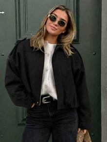 Elegant Solid Faux Suede Bomber Jacket Women's Fall Lightweight Basic Casual Back To School Office Black - Black - View 12