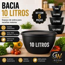 Kit bowl 5 peças bacia com tampa pote grande varios tamanhos kit de cozinha cor Preta - Visão 6