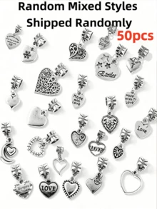 20/30/50pcs Vintage Hollow Heart, Fruit, Tree Of Life, Letter, Angel, Bow, Halloween, Christmas Alloy Pendant Assortment Set, Multiple Style Heart Designs With Connectors, Suitable For DIY Personalized Fashion Bracelets, Necklaces, Keychains And Other Jewelry Accessories - Silver - View 16