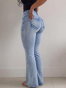 Women's Plus Size Vintage Flare Jeans With Zipper Detail, Medium Stretch, Long Length, Create A Fashionable Look - Blue - View 3