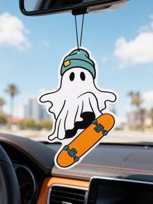 1pc Cool Skateboard Ghost Halloween Car Air Freshener, Hanging Long-Lasting Fragrance Aromatherapy Pad, Lightweight Durable Mirror Pendant, Spooky Car Decor, Multi-Purpose Closet Office Storage Cabinet Ornament, Suitable For Male And Female Drivers Holiday Gift - A - View 3