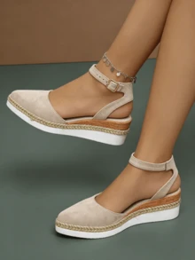 2026歐美早秋新款女款厚底尖頭鏤空涼鞋，露跟交叉帶彈性腳趾深挖楔形高跟鞋 - 米色 - 查看 1