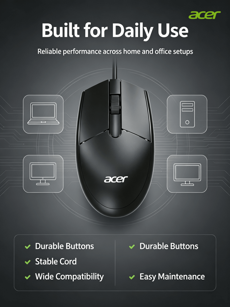 Acer OMW910 Ultra-Fast Response Wired Mouse: Plug And Play, No Driver Required; Curved Design Fits The Palm's Curve; Ideal For Extended Editing/Tabulation Tasks. - View 5
