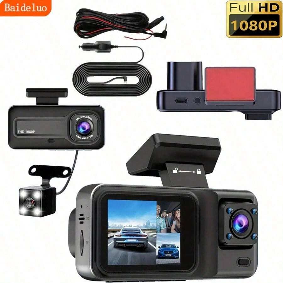 1080P 3-Channel Dash Cam - Front/Rear/Interior Recording, With Infrared Night Vision, Loop Recording, Wide Angle DVR, 2.0" IPS Screen, Car Video Recorder, 150mAh Lithium Battery