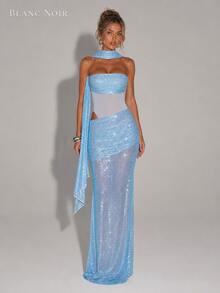 Women's Light Blue Strapless Sequin Mesh Maxi Evening Dress With Draped Scarf, Ruched Hip & Side Cutout, Bodycon Mermaid Formal Gown - Light Blue - View 4
