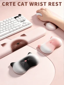 Satu set pelindung pergelangan tangan keyboard dan mouse berbentuk kucing yang lucu, terdiri dari dua bagian, menampilkan desain ergonomis, bahan silikon, fungsi pijat, desain yang nyaman dan bernapas, serta pola kartun yang menggemaskan. Pelindung pergelangan tangan ini berbentuk seperti kucing. - View 1