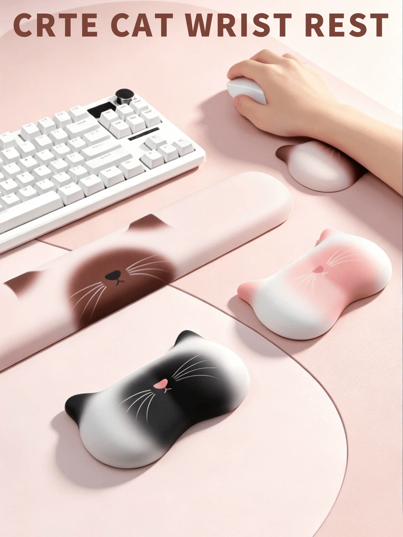 Satu set pelindung pergelangan tangan keyboard dan mouse berbentuk kucing yang lucu, terdiri dari dua bagian, menampilkan desain ergonomis, bahan silikon, fungsi pijat, desain yang nyaman dan bernapas, serta pola kartun yang menggemaskan. Pelindung pergelangan tangan ini berbentuk seperti kucing. - View 1