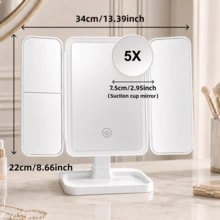 LED Tri-Fold Makeup Mirror With 2X/3X Magnification And 5X Suction Cup Mirror, 3 Lighting Modes, Tri-Fold Makeup Mirror, Tabletop Makeup Mirror, Rechargeable Touch Screen Brightness Adjustment, Ideal Holiday Gift - Multicolor - View 10