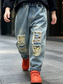 Celana Jeans Denim Model Rusak dengan Pinggang Elastis dan Saku untuk Anak Laki-Laki, Cocok untuk Pakaian Sehari-hari, Sekolah, Kasual, dan Aktivitas Luar Ruangan - Baby Blue - View 3