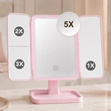 LED Tri-Fold Makeup Mirror With 2X/3X Magnification And 5X Suction Cup Mirror, 3 Lighting Modes, Tri-Fold Makeup Mirror, Tabletop Makeup Mirror, Rechargeable Touch Screen Brightness Adjustment, Ideal Holiday Gift - Multicolor - View 9